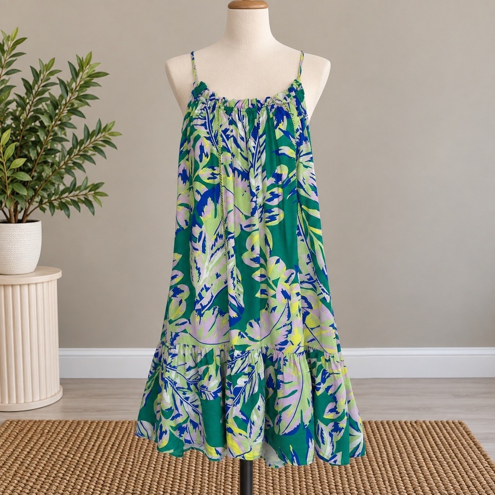 Maaji Mini Dress Green Tropical Leaf Print Tiered Boho Beach Resort Size M